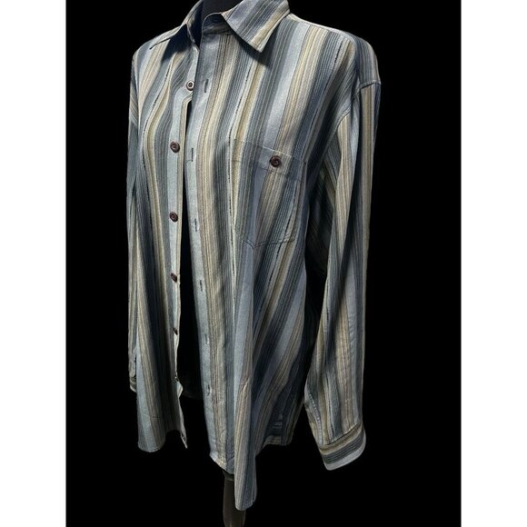 Tommy Bahama Mens Striped Long-Sleeve Button-Down Shirt 100% Silk Blue Beige - Picture 4 of 5